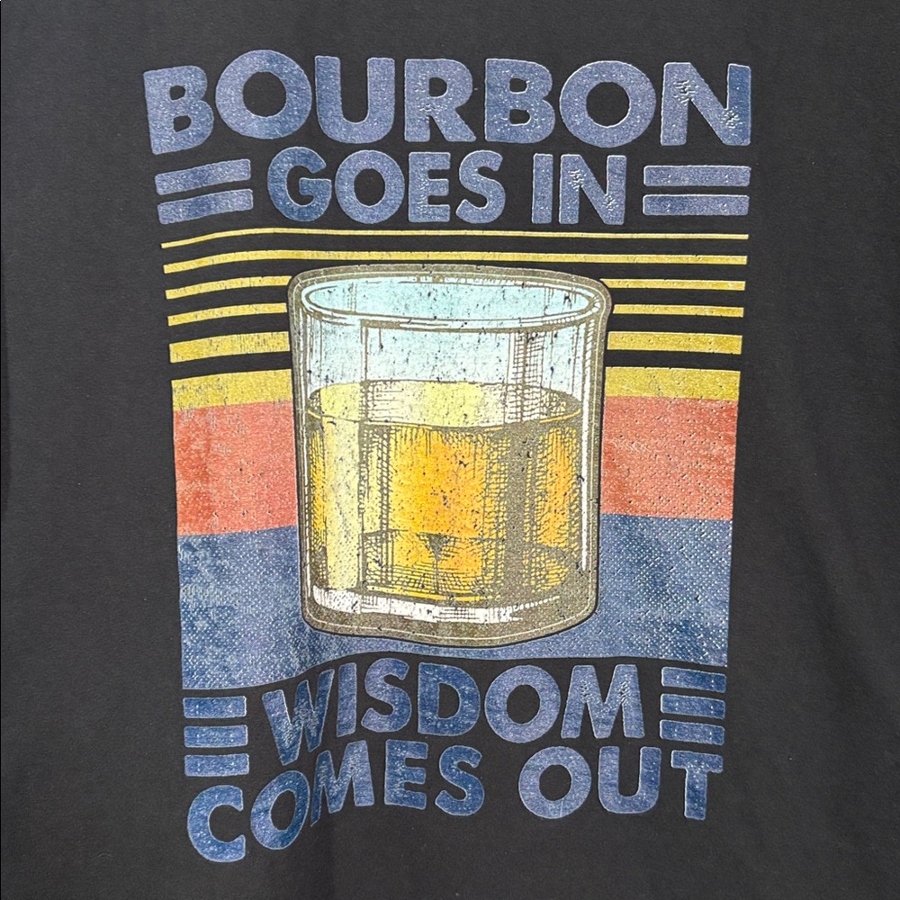 Fruit of the Loom Black Tee with Bourbon goes in, wisdom comes out,men’s large - Picture 3 of 4